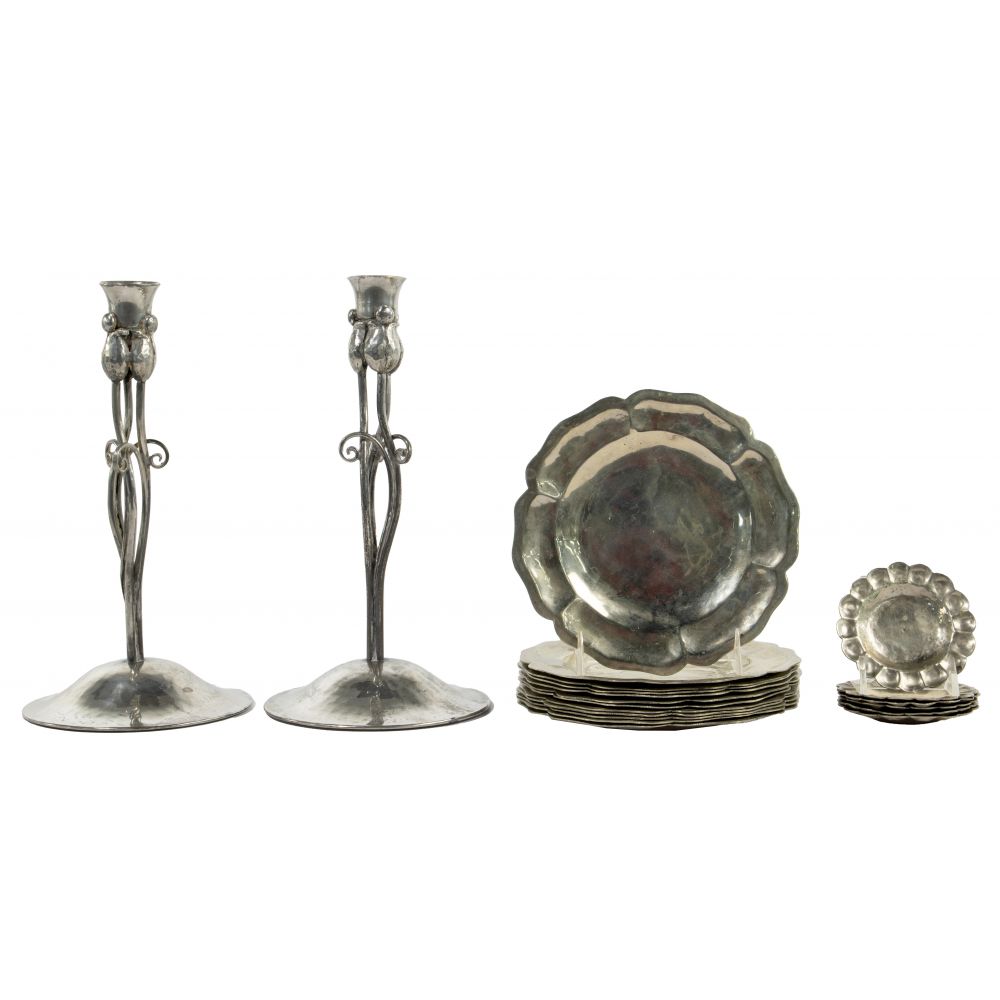 Appraisal: PEWTER AND METAL OBJECT ASSORTMENT items including pair of Nekrassoff