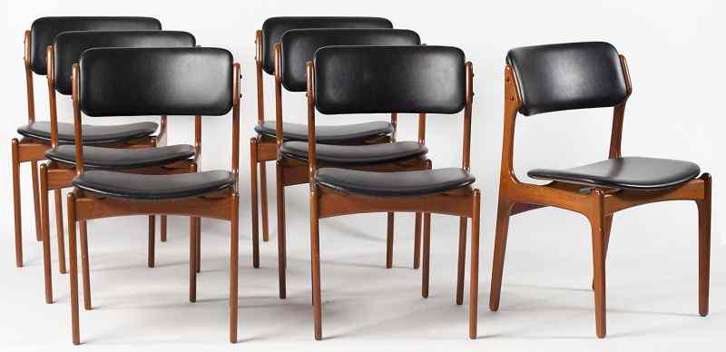 Appraisal: Set of Seven Danish Modern Dining Chairsteak with black naugahyde