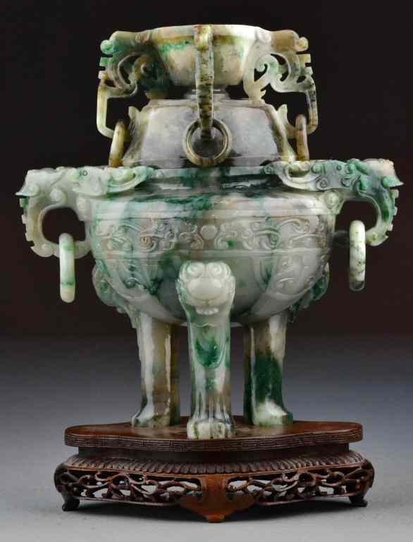 Appraisal: Chinese Qing Jade Censor And CoverOf archaic form carved to