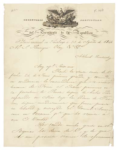 Appraisal: TEXAS--MIER EXPEDITION Santa Anna Antonio Lopez de Letter Signed A