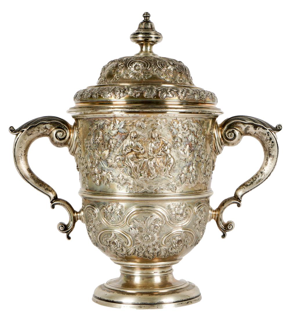 Appraisal: GEORGE II STERLING CUP COVERJohn Swift London repousse-decorated with figures