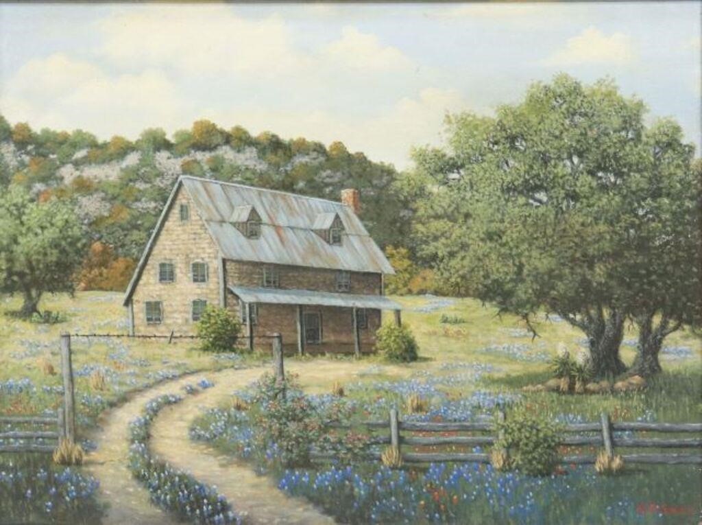 Appraisal: Framed oil on canvas painting Farmhouse with Field of Bluebonnets