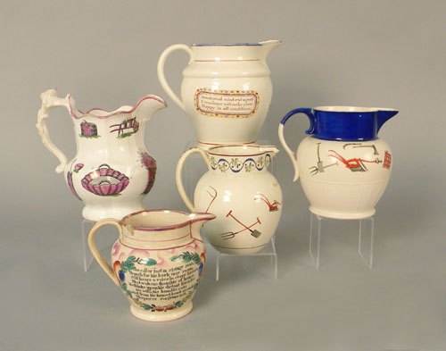 Appraisal: Five Staffordshire pitchers th c h