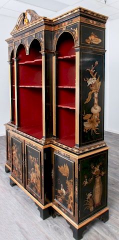 Appraisal: Chinoiserie Block Front Cabinet Chinoiserie decorated gilt and black lacquered