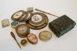 Appraisal: ONE BAG INCL TRINKET BOX COASTERS BOOT HOOK ENAMELLED BOX