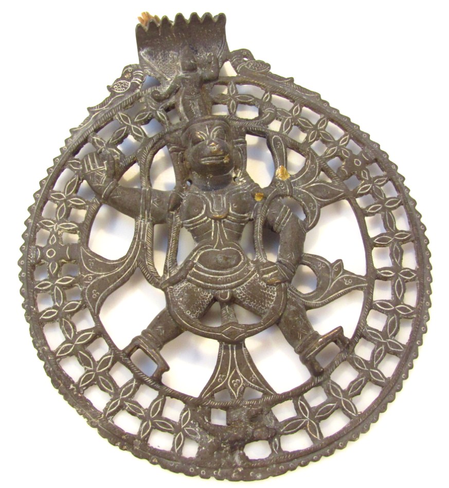 Appraisal: An Indian metal plaque centred by Lord Hanuman in flowing