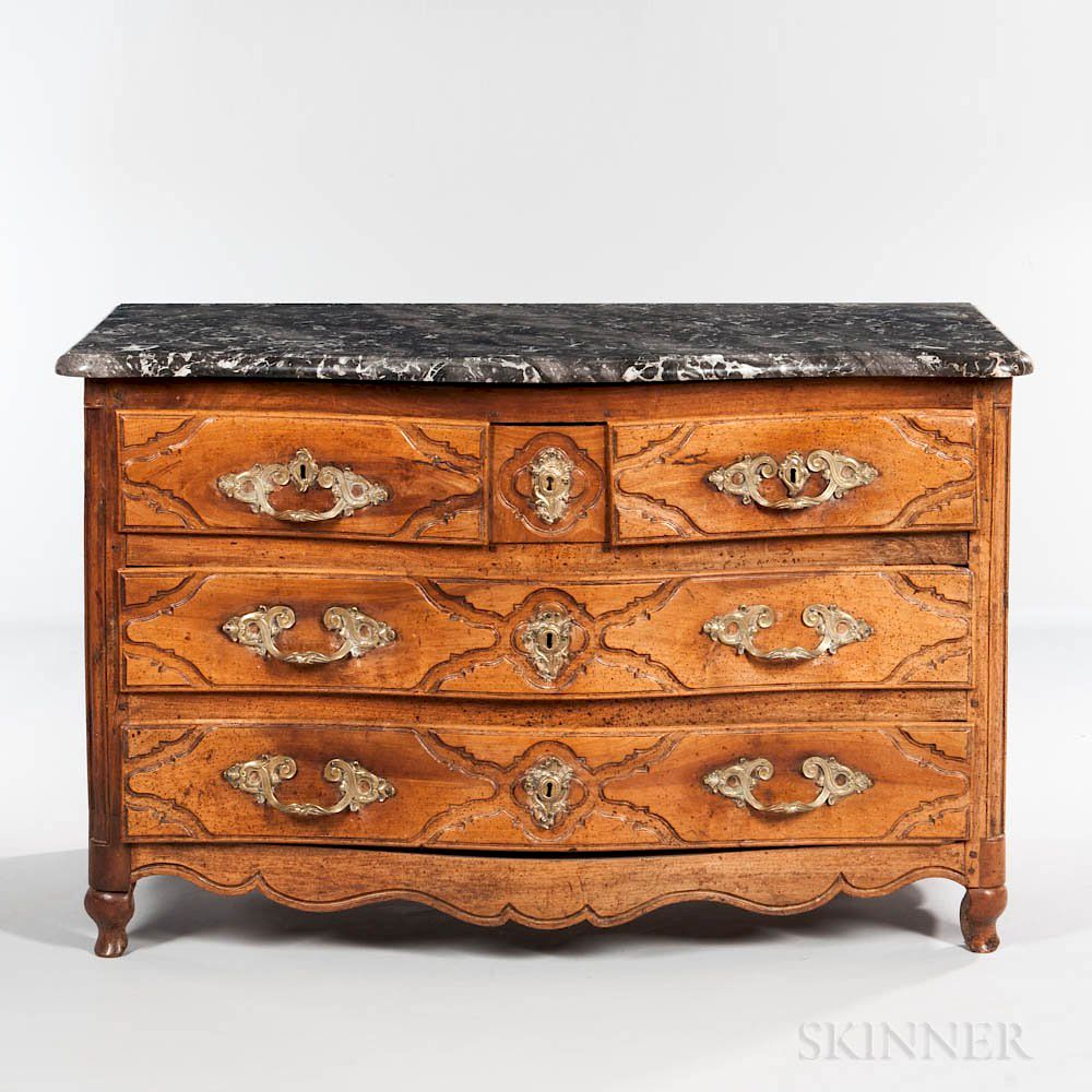 Appraisal: French Provincial Marble-top Walnut Serpentine Commode French Provincial Marble-top Walnut