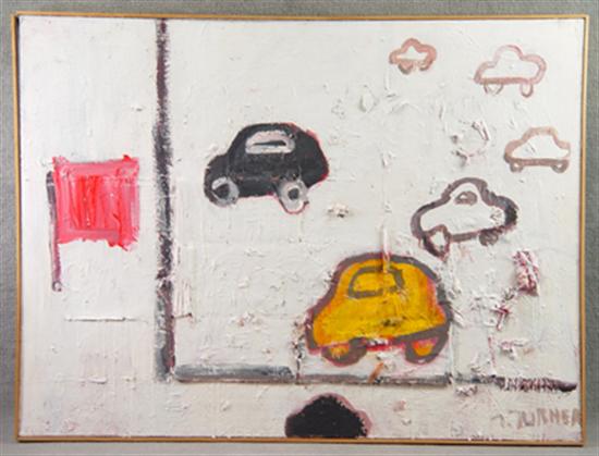 Appraisal: Ted Turner American - Abstract with cars and flag Acrylic