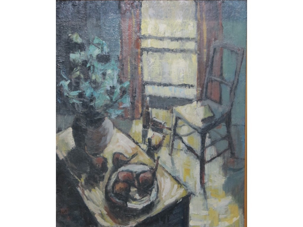 Appraisal: Oil on board interior with still life initialled and dated