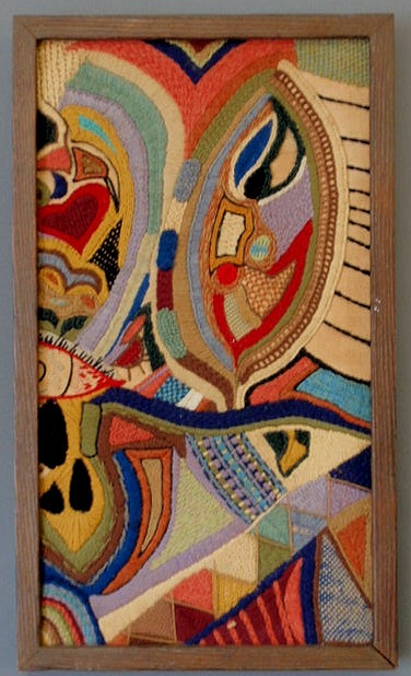 Appraisal: Framed colorful woolwork abstract hooked textile th c x