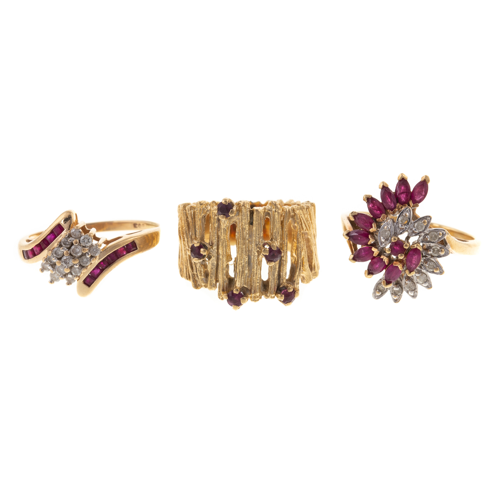 Appraisal: A TRIO OF GEMSTONE RINGS IN K K K yellow