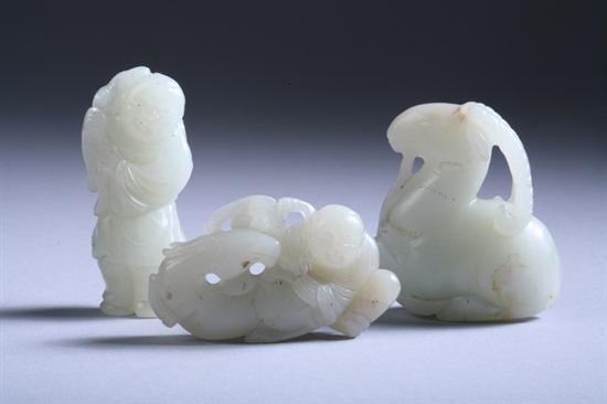 Appraisal: THREE PIECES CHINESE CELADON JADE Figure of boy with horse