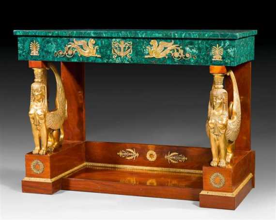 Appraisal: MALACHITE CONSOLE AUX SPHINGES Empire style probably Russia Malachite mahogany