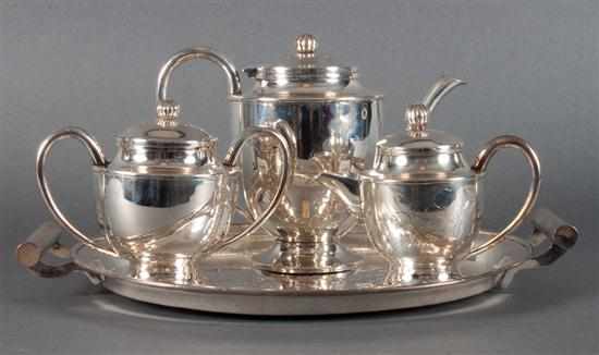 Appraisal: Chinese engraved silver three-piece tea service with undertray unidentified maker