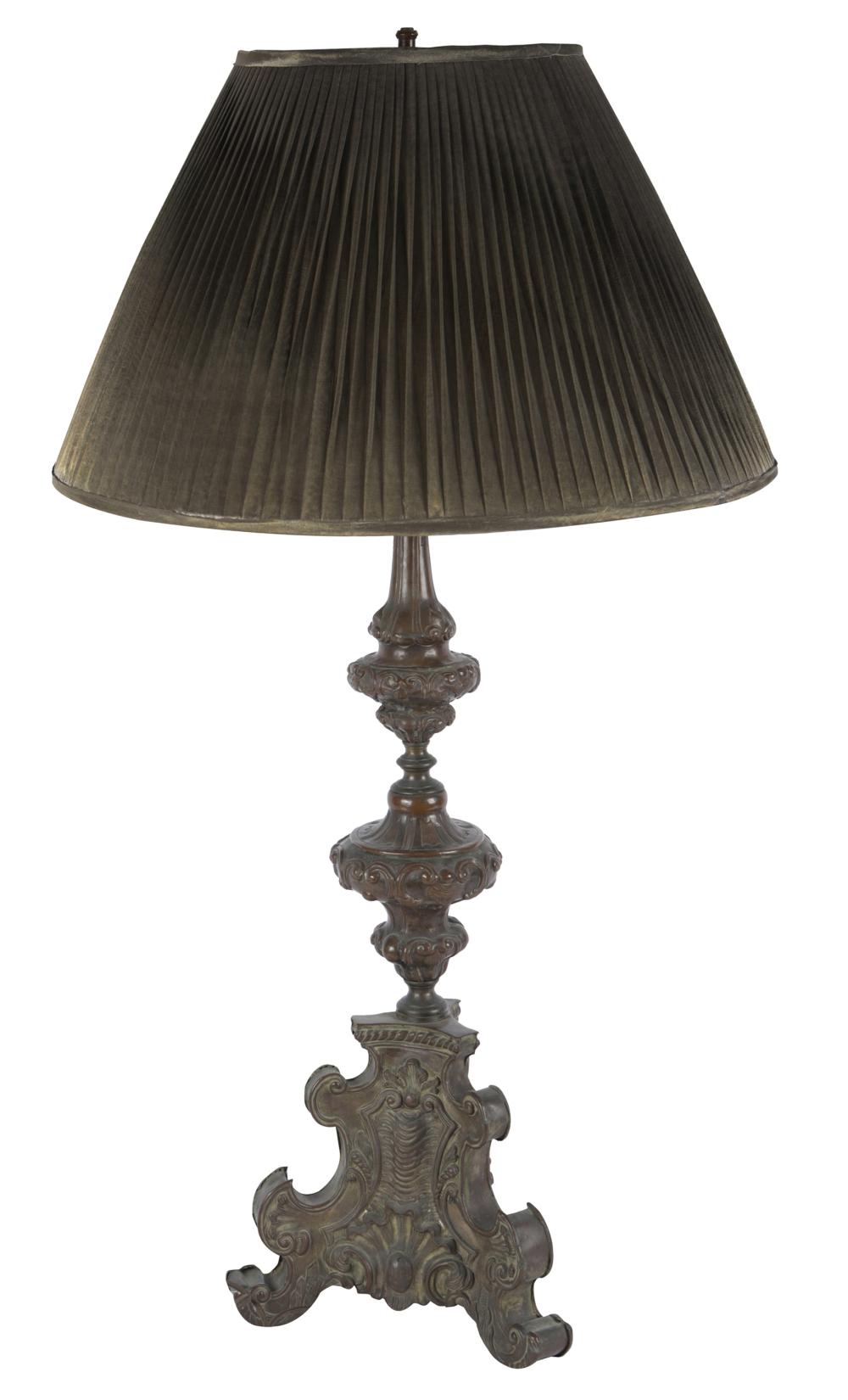 Appraisal: REPOUSSE BRASS ALTAR STICKmounted as a lamp with twin sockets