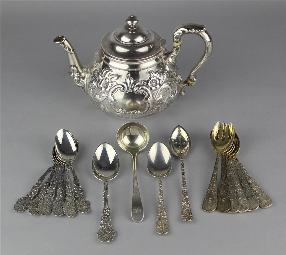 Appraisal: AMERICAN SILVER TEAPOT AND A GROUP OF AMERICAN SILVER SPOONS