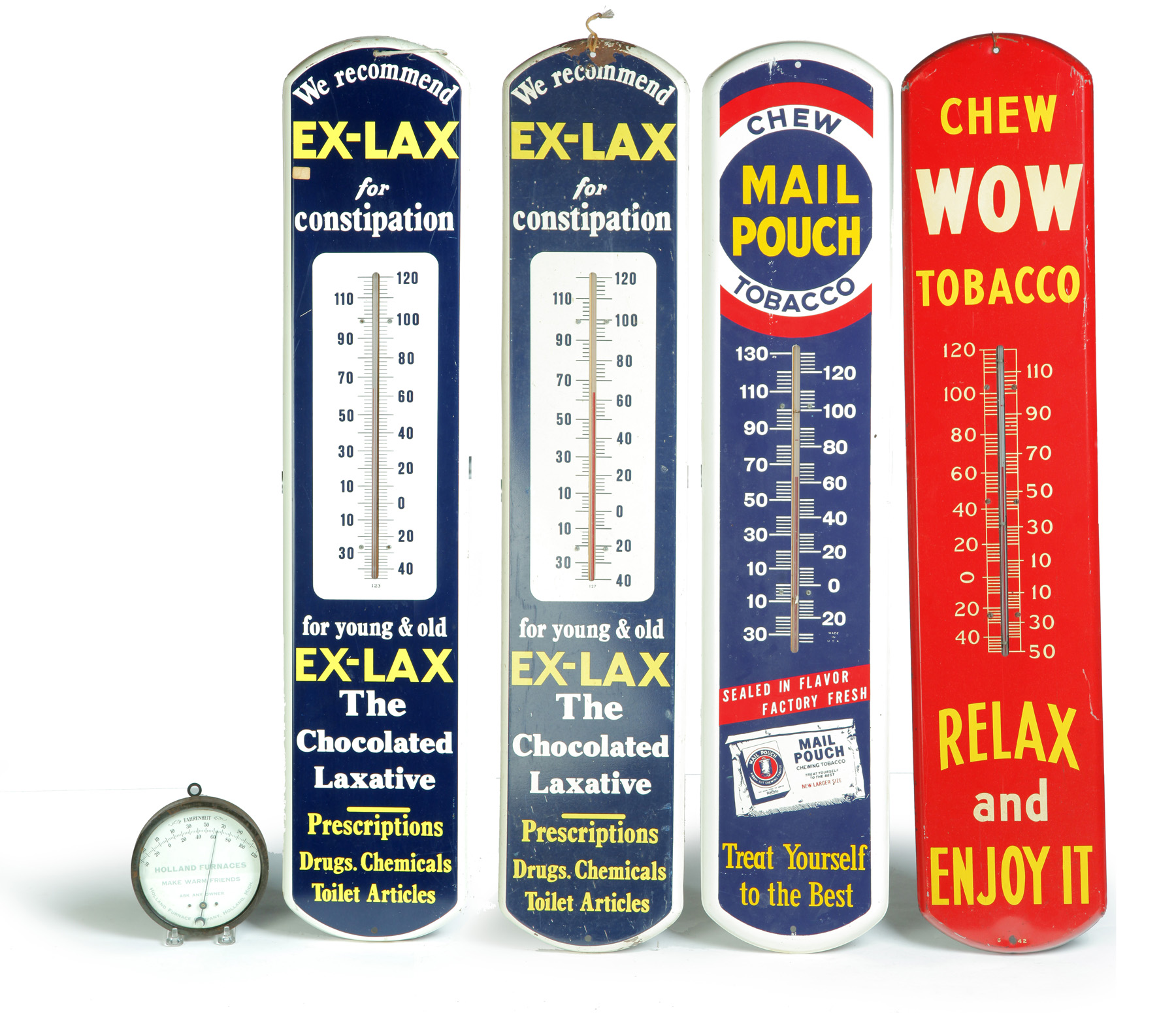 Appraisal: FIVE ADVERTISING THERMOMETERS American st half- th century Round Holland