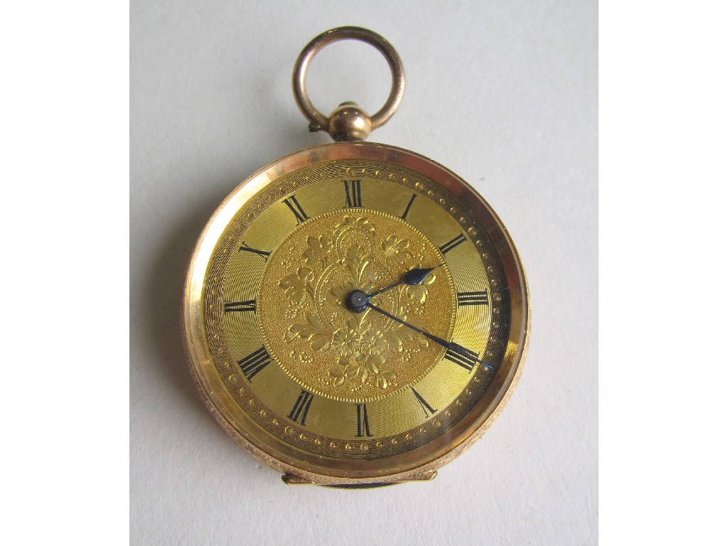 Appraisal: Fourteen carat gold cased fob watch with floral decorated gilt