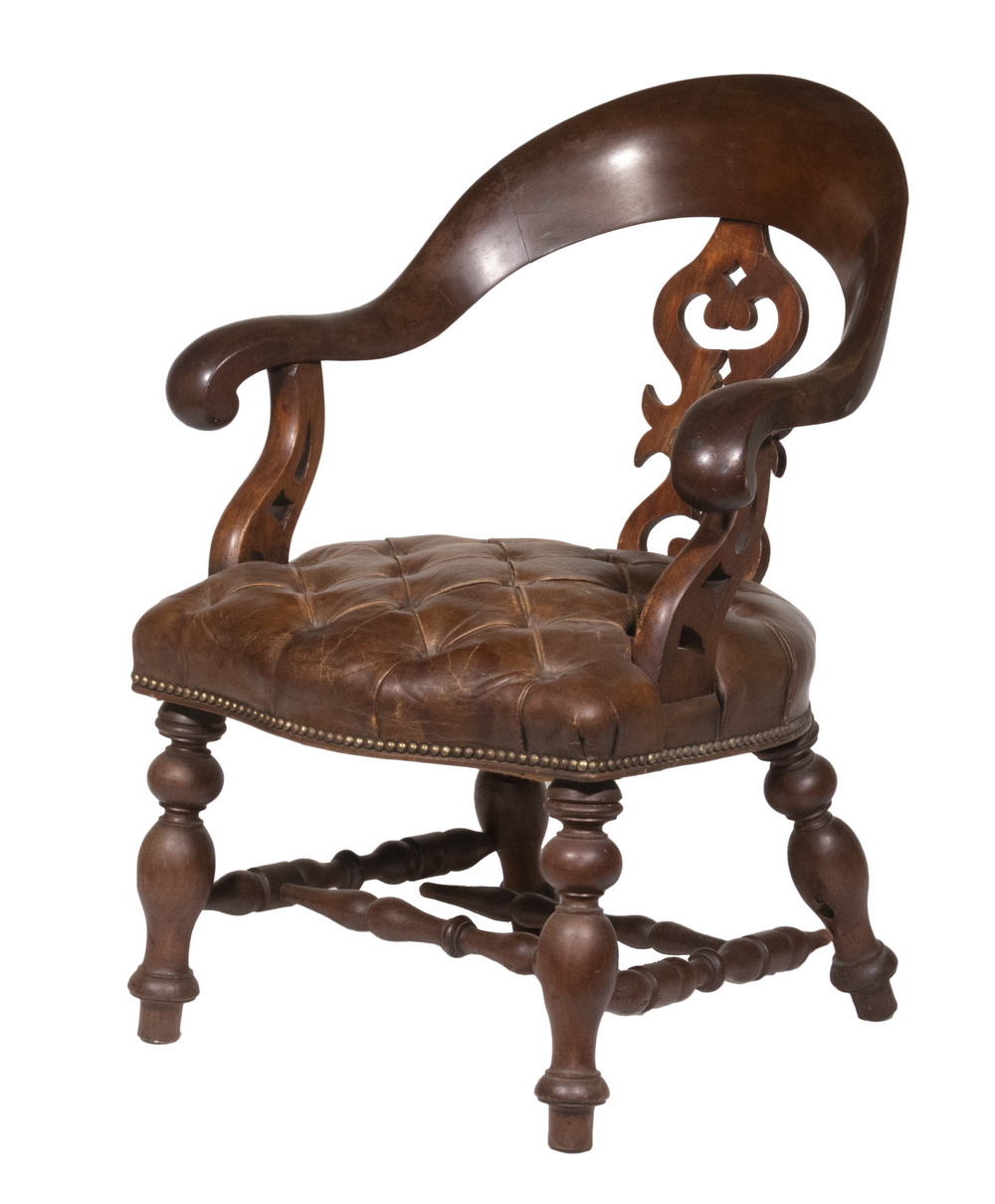 Appraisal: CIRCA BRITISH LEATHER OFFICE CHAIR Mahogany Armchair upholstered in chestnut