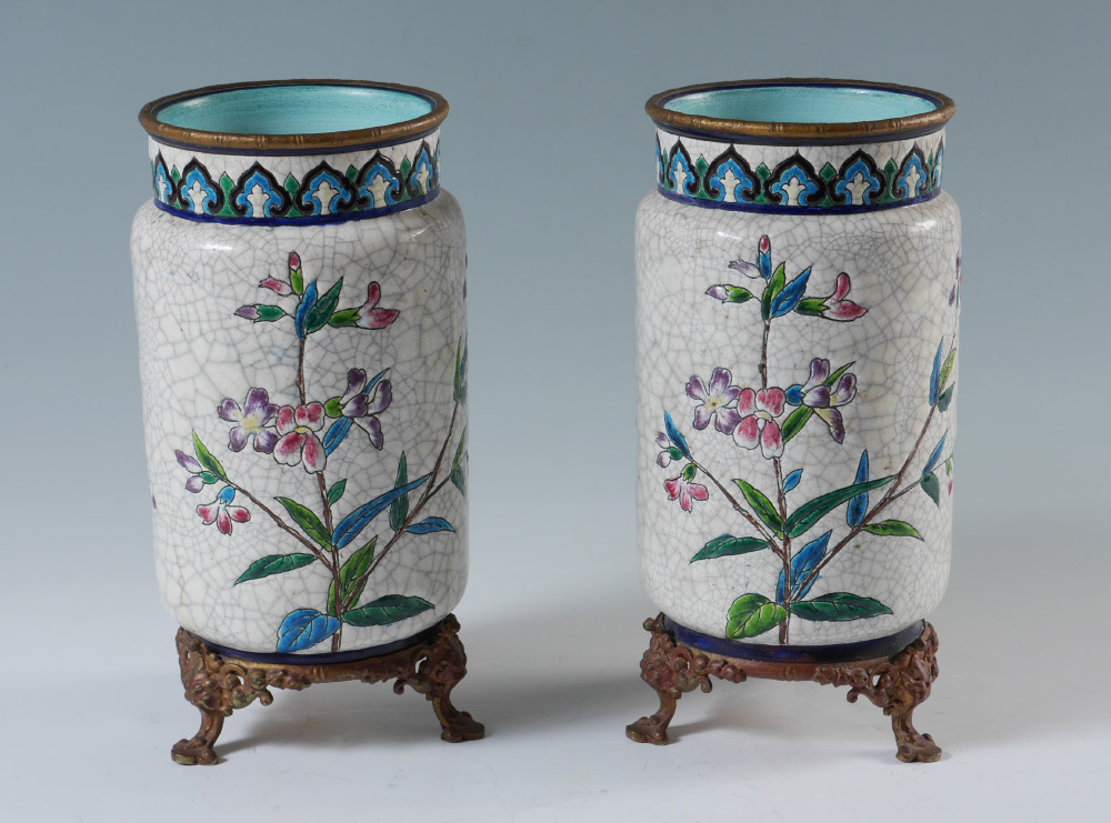 Appraisal: PAIR OF METAL MOUNTED FRENCH LONGWY VASES Crackle glaze ground