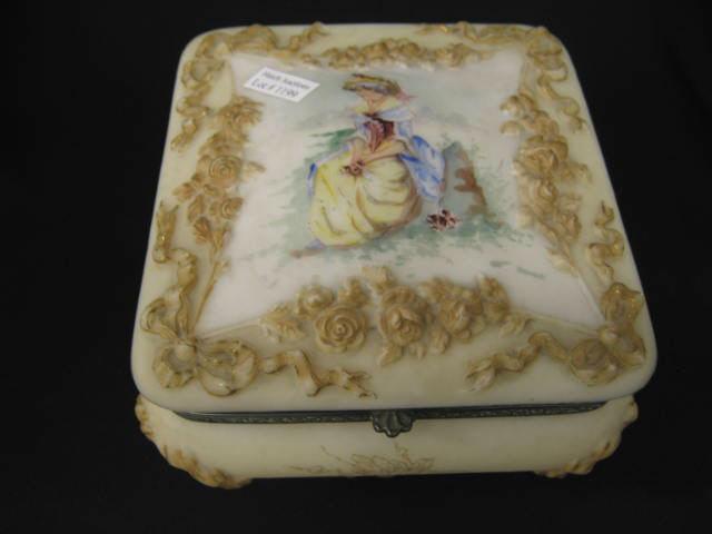 Appraisal: Wavecrest Victorian Art Glass Dresser Box handpainted maiden on lid