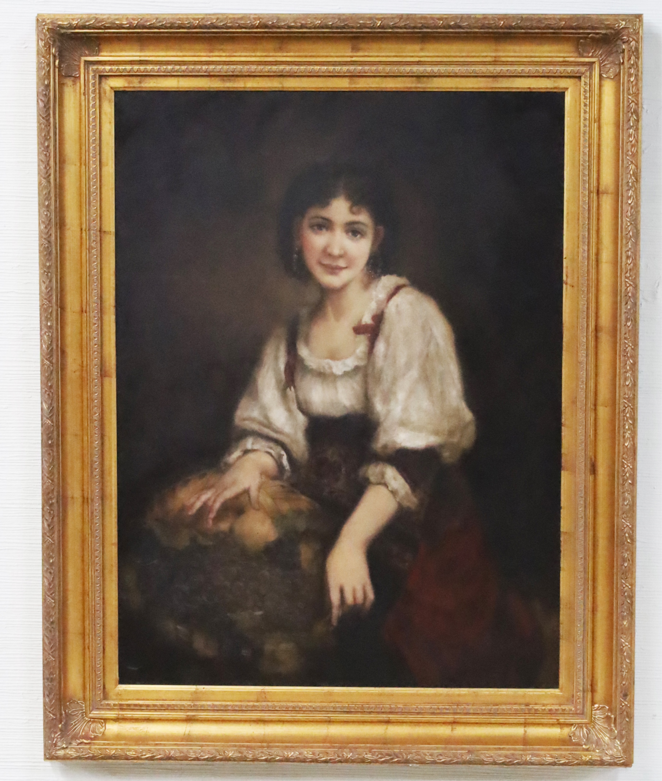 Appraisal: Decorative framed oil on canvas painting of young European peasant