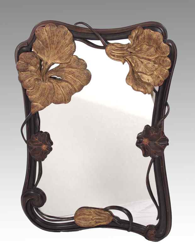 Appraisal: ART NOUVEAU STYLE CARVED WOOD MIRROR Parcel gilt water lily