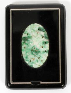 Appraisal: BLACK ENAMEL OVER SILVER COMPACT W GREEN HARDSTONE BLACK ENAMEL