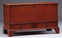 Appraisal: TWO DRAWER BLANKET CHEST IN RED PAINT The poplar and