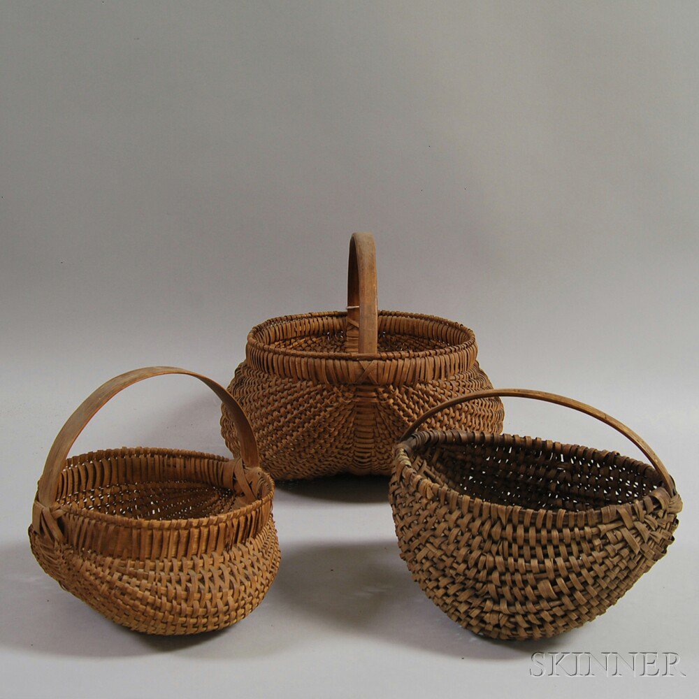 Appraisal: Three Handled Melon-form Woven Splint Baskets th th century ht