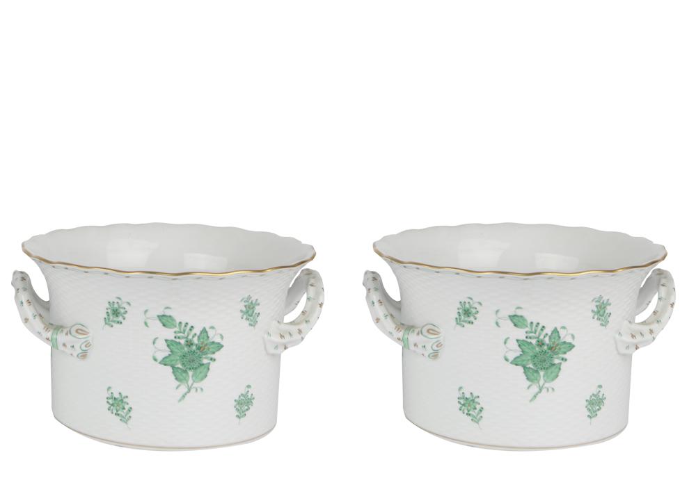 Appraisal: PAIR HEREND PORCELAIN CACHE POTSChinese Bouquet - Green printed and