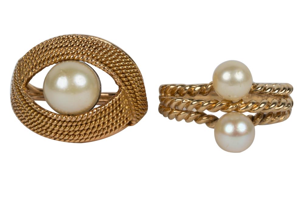 Appraisal: TWO YELLOW GOLD PEARL RINGSthe karat yellow gold ring containing