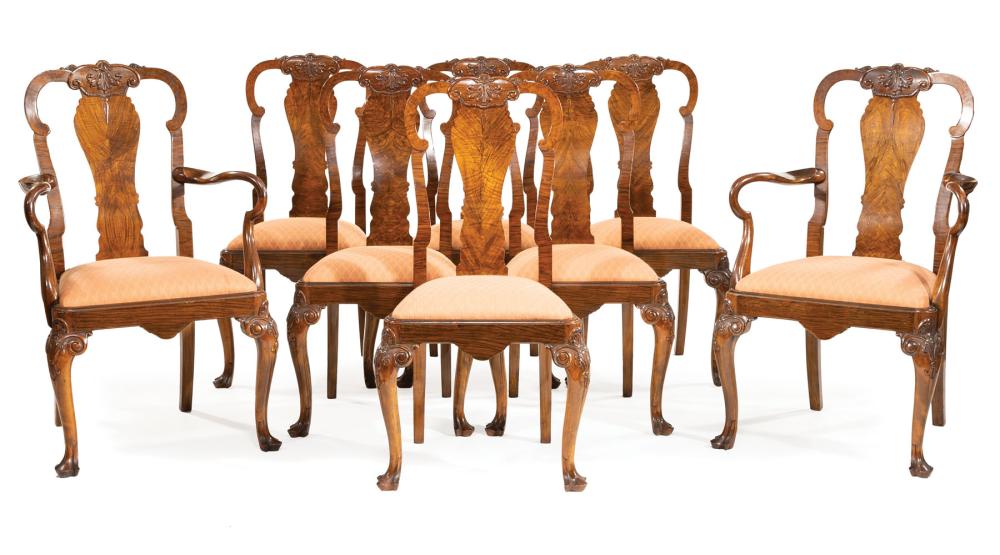 Appraisal: Eight Antique Queen Anne-Style Carved Walnut Dining Chairs incl arms