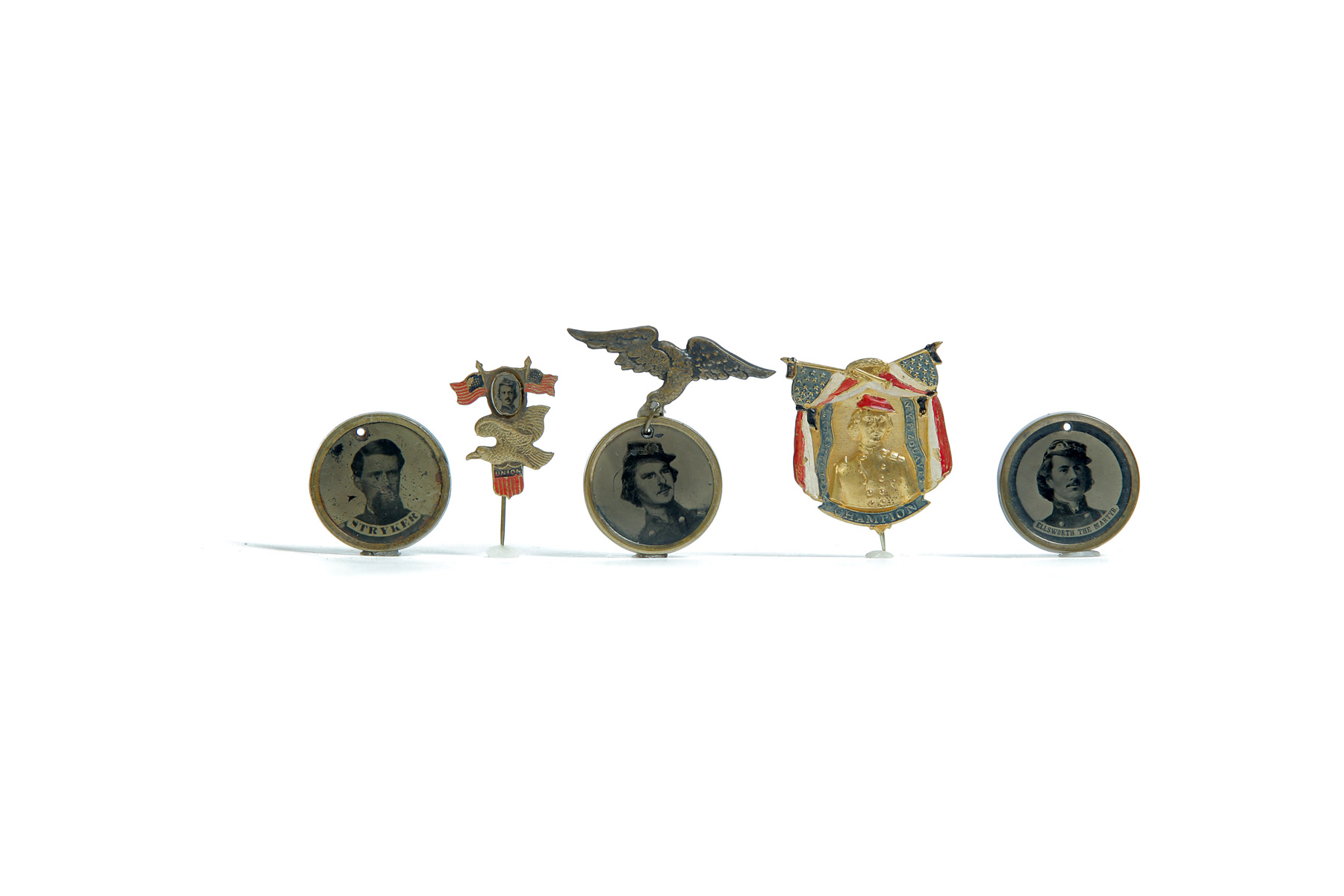 Appraisal: THREE ELMER ELLSWORTH FERROTYPE PENDANTS AND TWO PINS American -