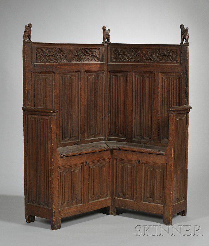 Appraisal: Gothic Carved Oak Corner Hall Bench with Lift Seats late