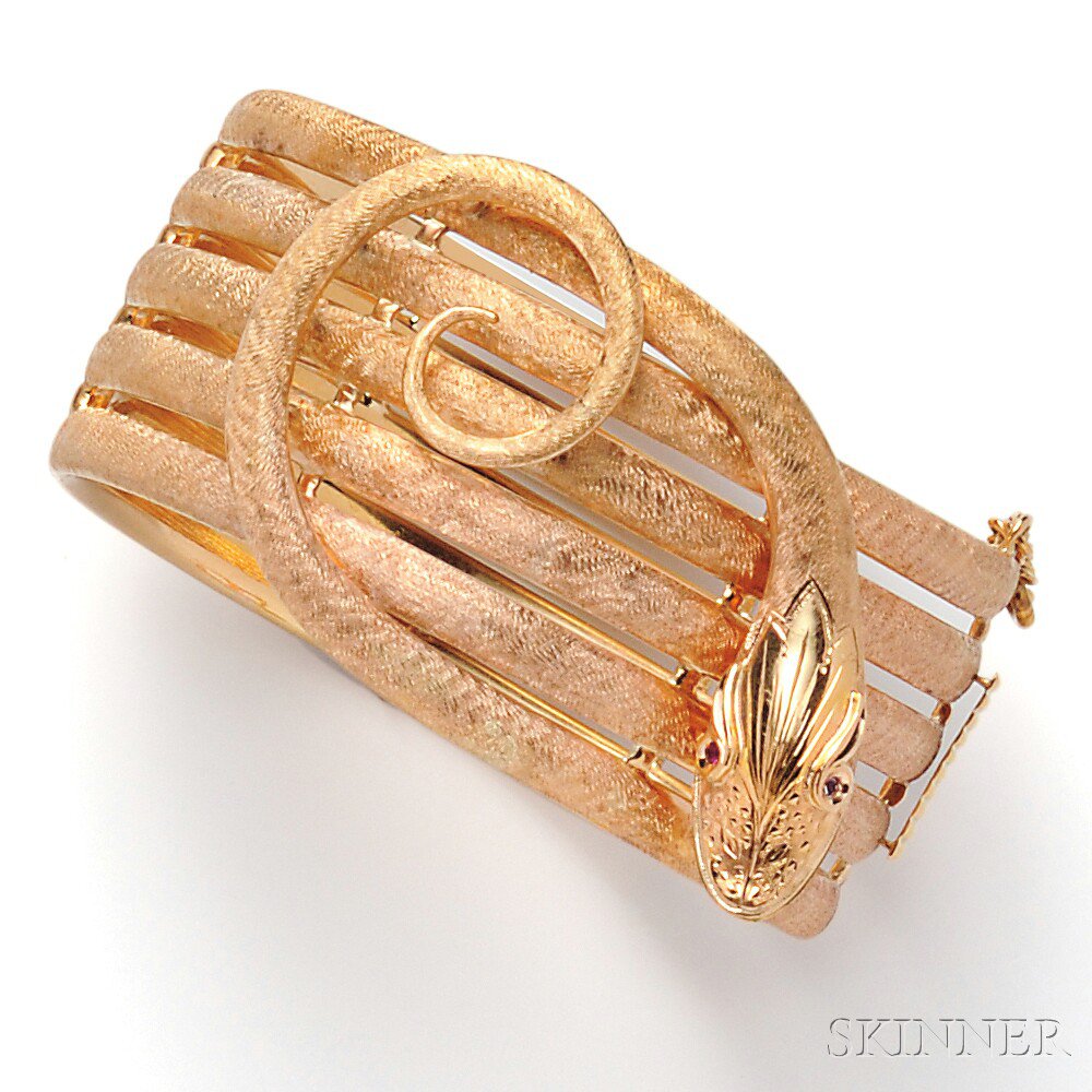 Appraisal: Rose Gold Snake Bracelet Portugal the hinged bangle with engraved