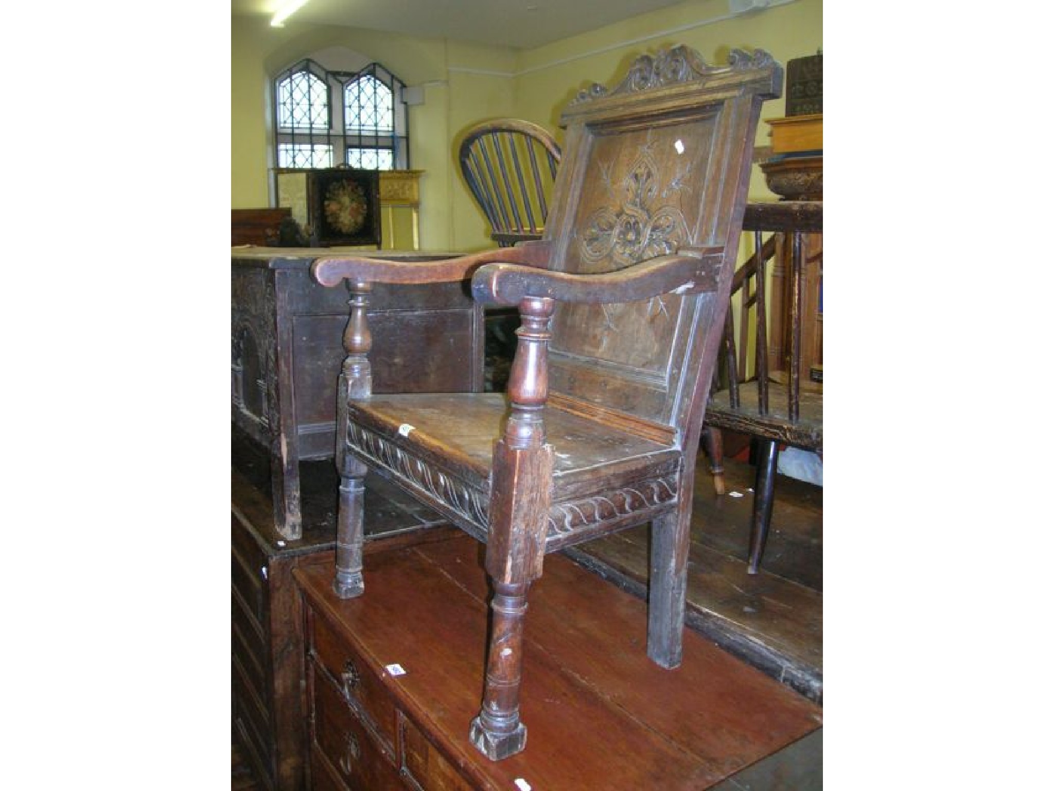 Appraisal: An old English oak Wainscot chair of usual form with