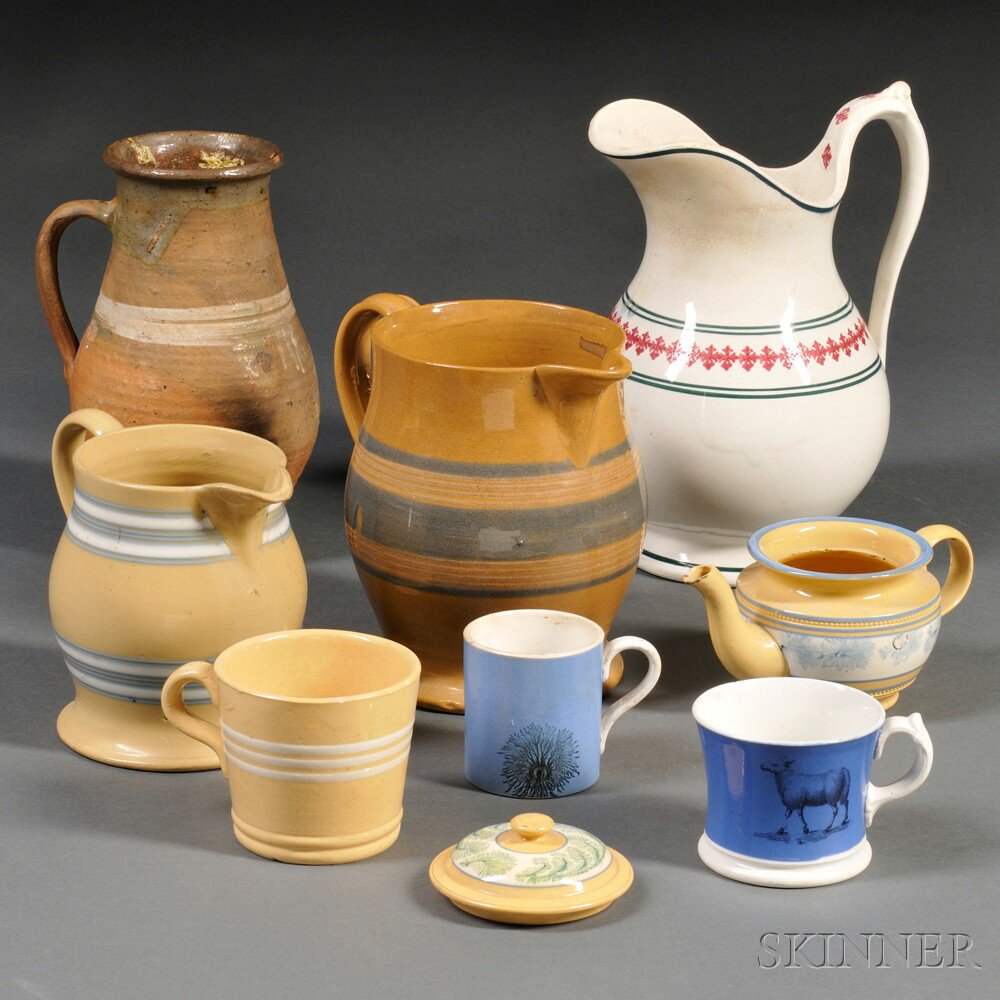 Appraisal: Nine Assorted Pottery Items two small blue-glazed pearlware mugs one