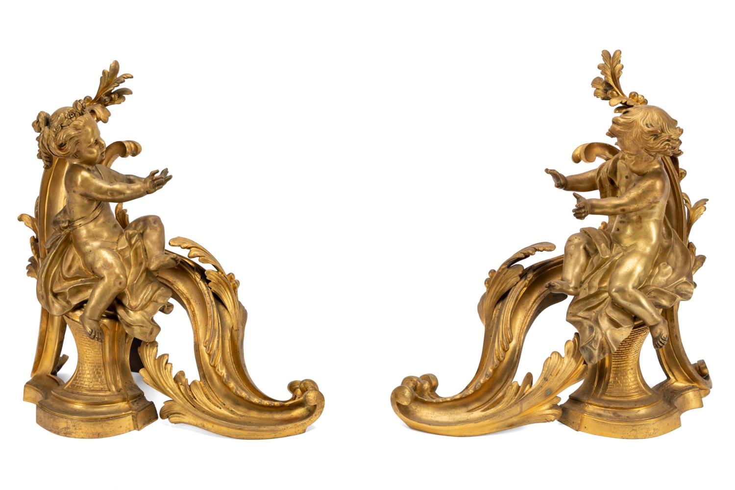 Appraisal: PAIR LOUIS XV STYLE GILT BRONZE PUTTI CHENETS Pair of