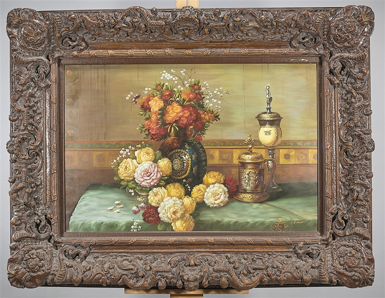 Appraisal: Still life painting of flowers and other items on a