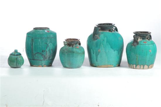 Appraisal: FIVE POTTERY JARS Asian th century All have similar turquoise