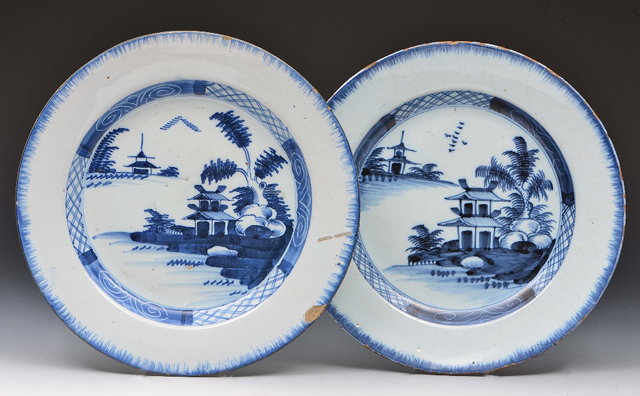 Appraisal: Pair of London Delft blue and white plateswith Chinese pagoda