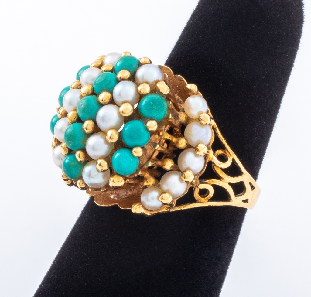 Appraisal: K YELLOW GOLD TURQUOISE CULTURED PEARL RING K yellow gold