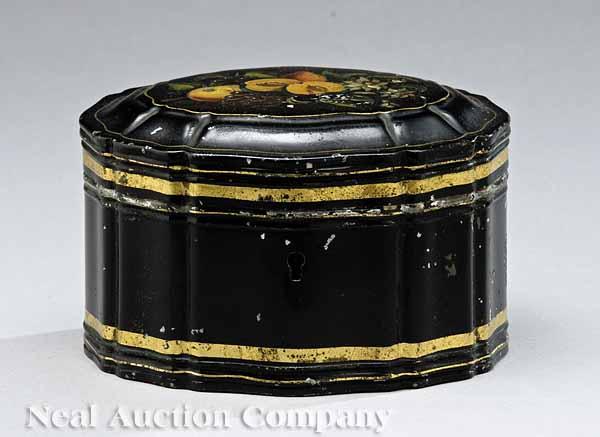 Appraisal: An English T le Peinte Oval Lidded Box mid- th