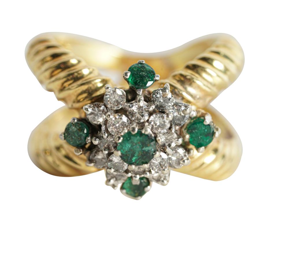 Appraisal: KARAT YELLOW GOLD EMERALD DIAMOND RINGcontaining five round emeralds weighing