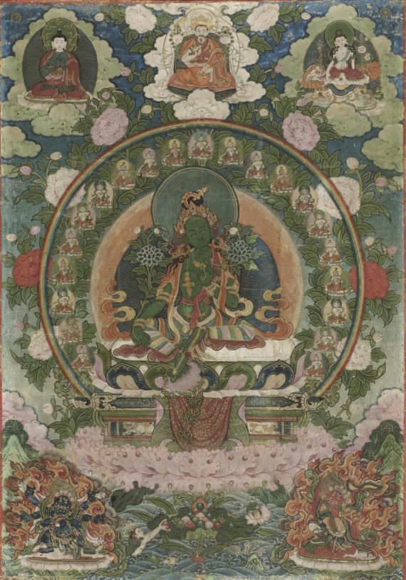 Appraisal: A SMALL THANKA OF THE GREEN TARA WITH THE TARAS