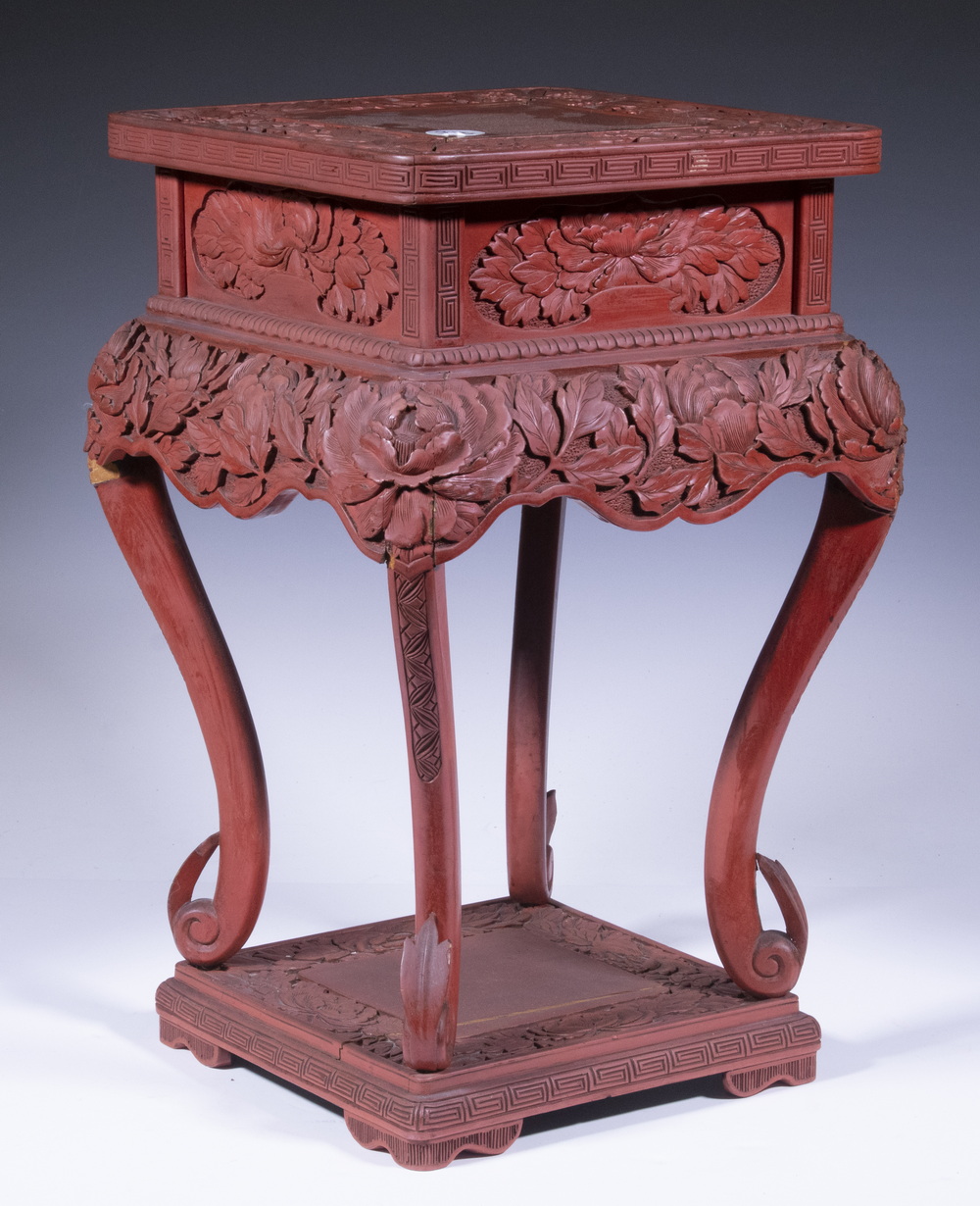 Appraisal: CARVED CINNABAR TABLETOP PEDESTAL Early th c Red Cinnabar Stand