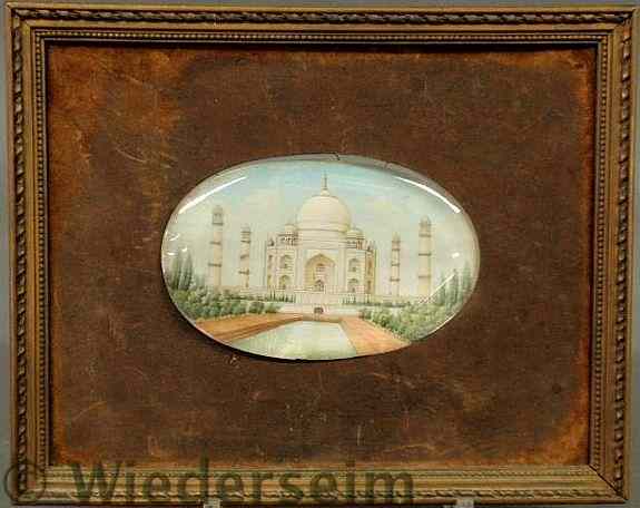 Appraisal: Oval painting on ivory of the Taj Mahal with inscription