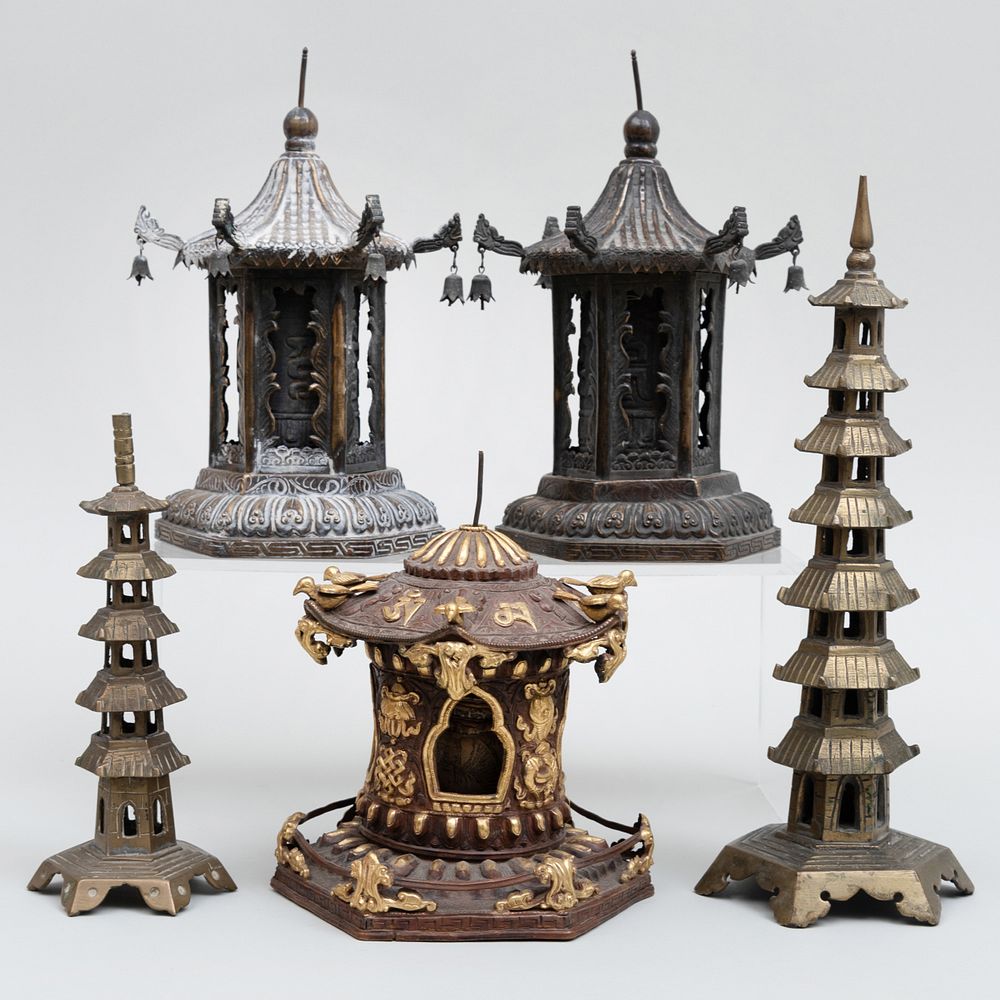 Appraisal: Group of Five Asian Metal Models of Pagodas The largest