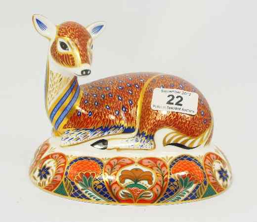 Appraisal: Royal Crown Derby Paperweight of a Seated Deer Collectors Guild